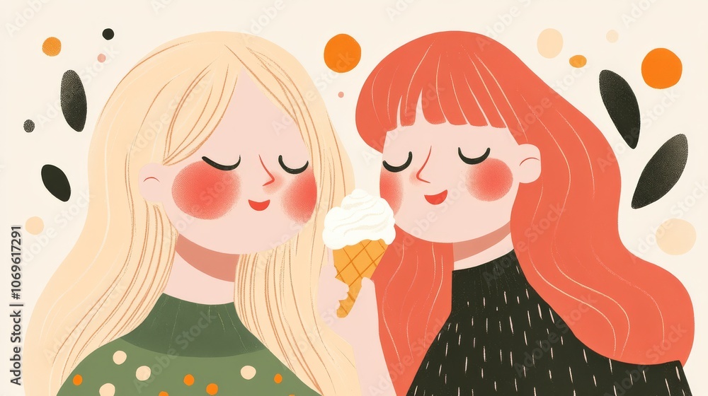 A pastel illustration depicting two friends sharing ice cream on a park bench. They are smiling and enjoying each other's company, with a colorful, cheerful background. A pastel illustration depicting two friends sharing ice cream on a park bench. They are smiling and enjoying each other's company, with a colorful, cheerful background.