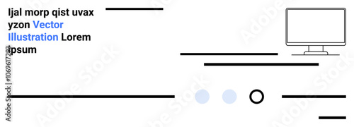 Computer monitor, text placeholders, horizontal lines. Ideal for web design, landing page templates, online services, tech businesses, modern interfaces, user experience, minimalistic design. Landing
