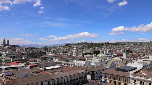 Quito, Ecuador. Central Plaza Catholic cathedral basilica San Francisco church in historic center.