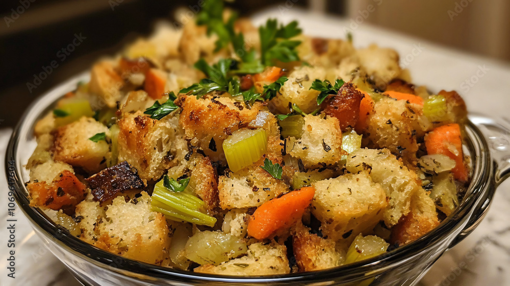 Traditional stuffing with celery, carrots, and spices for Thanksgiving dinner. Traditional stuffing with celery, carrots, and spices for Thanksgiving dinner.