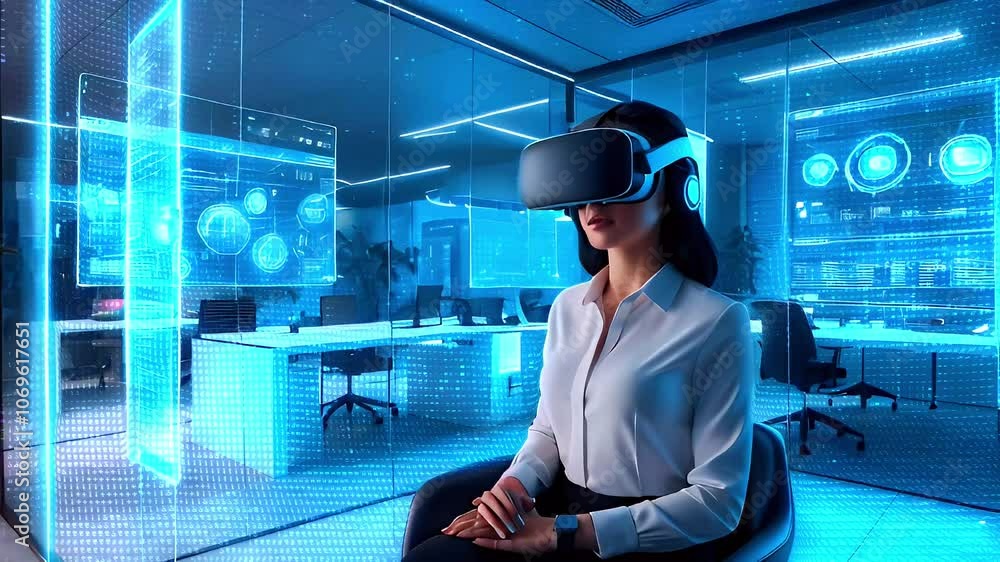 A woman in a virtual reality headset is sitting in an office, looking at a futuristic display of data. A woman in a virtual reality headset is sitting in an office, looking at a futuristic display of data.
