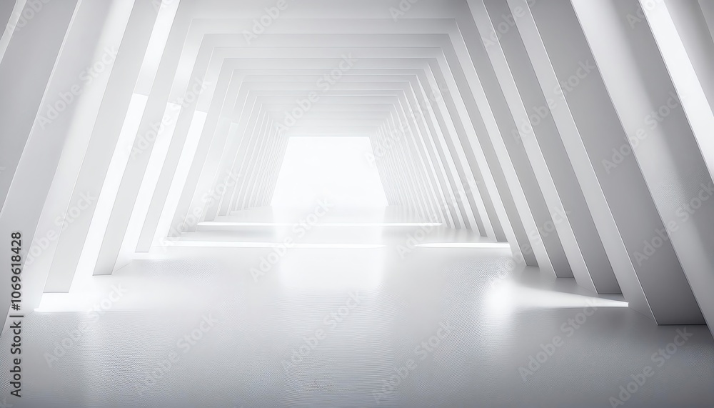 Fototapeta premium A futuristic, minimalist interior with bright lighting, showcasing geometric white pillars and a reflective surface, creating an open, spacious atmosphere.
