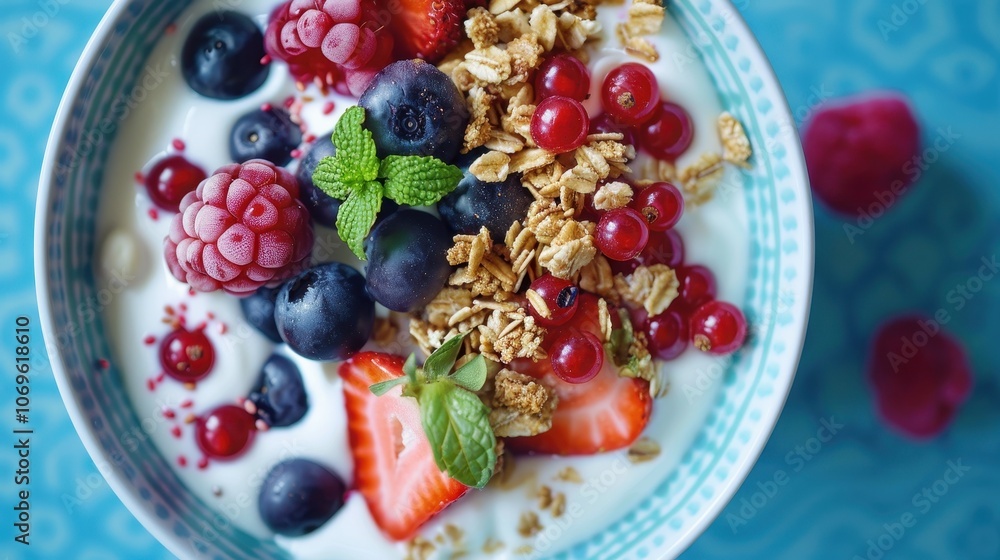 Bowl of yogurt topped with fresh berries and granola, colorful healthy breakfast. Bowl of yogurt topped with fresh berries and granola, colorful healthy breakfast.