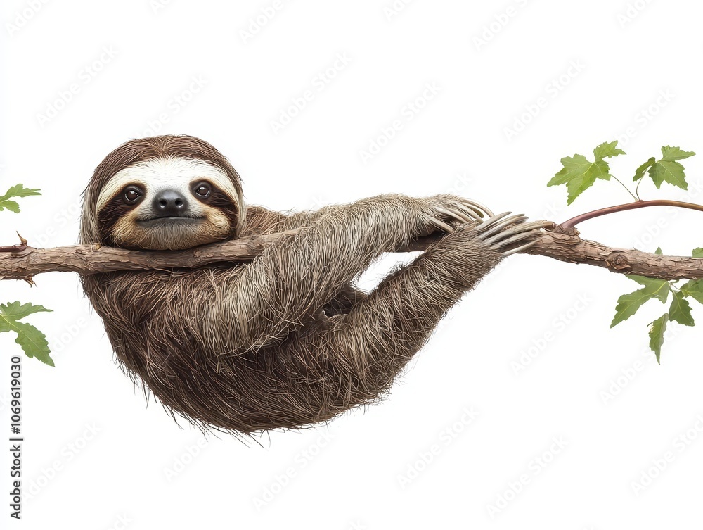 Fototapeta premium Sloth hanging from a branch, white isolated background.