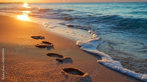 Serene Beach Scene at Sunset with Gentle Waves photo