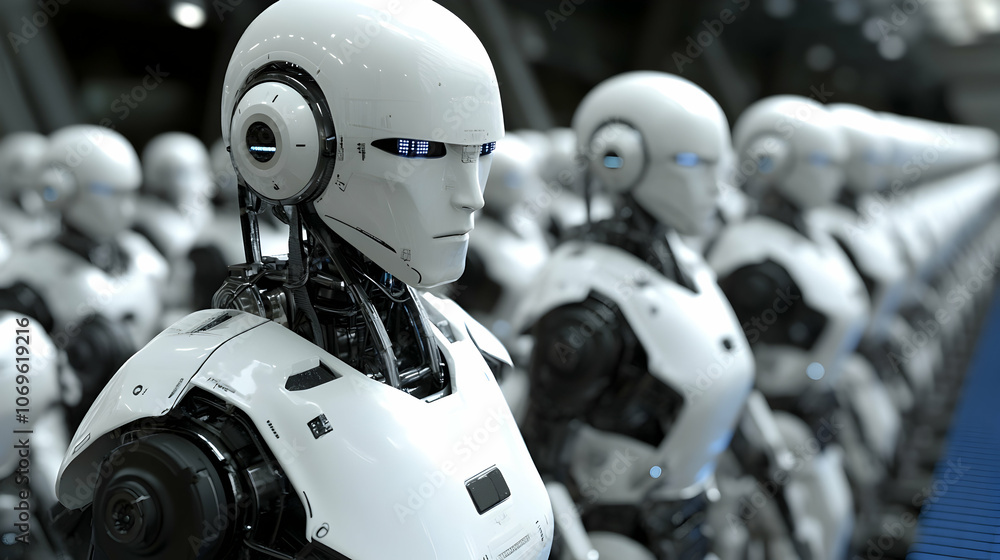 Row of Humanoid Robots, android, androids, cyborg, cyborgs, artificial intelligence Row of Humanoid Robots, android, androids, cyborg, cyborgs, artificial intelligence