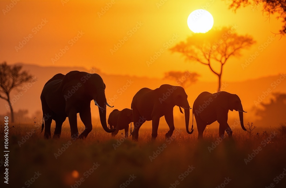 Obraz premium silhouette of elephants at sunset