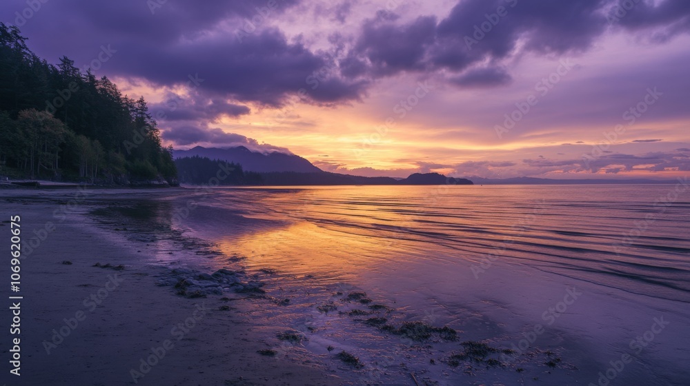 Fototapeta premium Purple Sunset Over Ocean Beach With Mountains