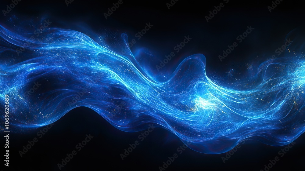 Fototapeta premium Blue light and stripes move rapidly across a black background, creating a futuristic effect.