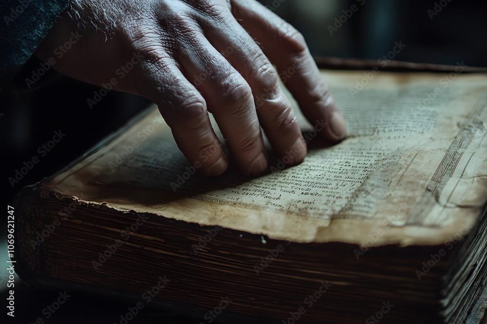 A hand gently touches the pages of an old, worn book, suggesting exploration of knowledge. A hand gently touches the pages of an old, worn book, suggesting exploration of knowledge.