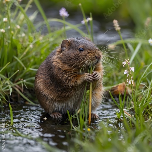 Gentle Delights: A Water Vole Feasting on Meadow Greens photo