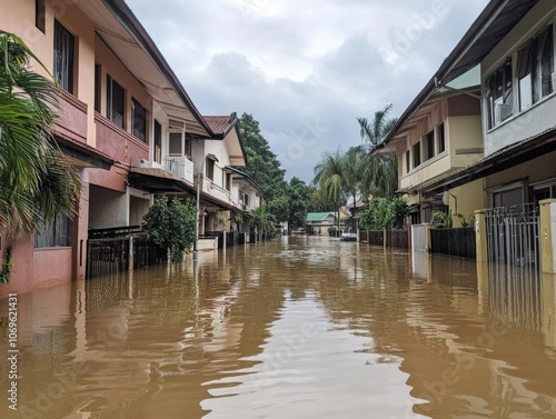 Flooded Street Scene in Residential Area