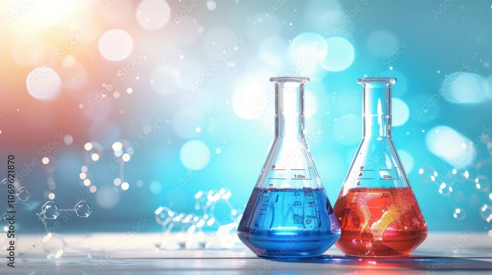 Two abstract laboratory flasks with blue and red liquid decorated with chemical molecules, Two abstract laboratory flasks with blue and red liquid decorated with chemical molecules,