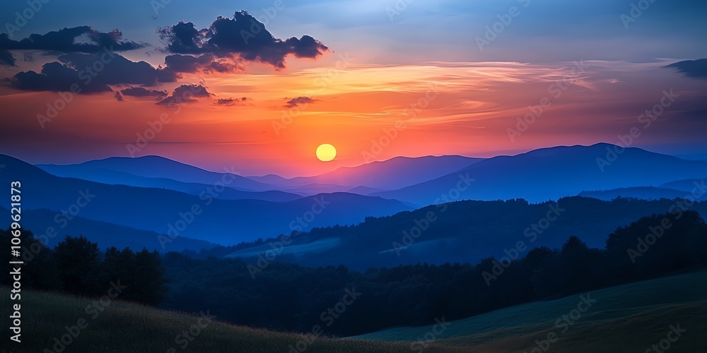 Obraz premium A vibrant sunset illuminates a range of rolling hills, casting long shadows over the landscape.