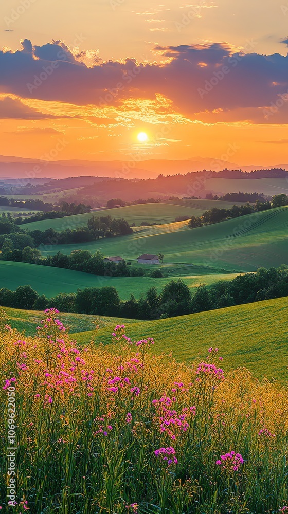 A vibrant sunset illuminates a rolling hillside landscape with a scattering of wildflowers in the foreground. A vibrant sunset illuminates a rolling hillside landscape with a scattering of wildflowers in the foreground.