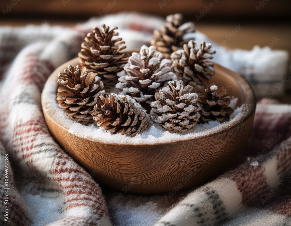 Snow-Dusted Pine Cones in Rustic Bowl Snow-Dusted Pine Cones in Rustic Bowl