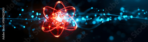 Abstract Atom with Blue and Red Lights on Black Background, science, physics, chemistry, energy, nucleus