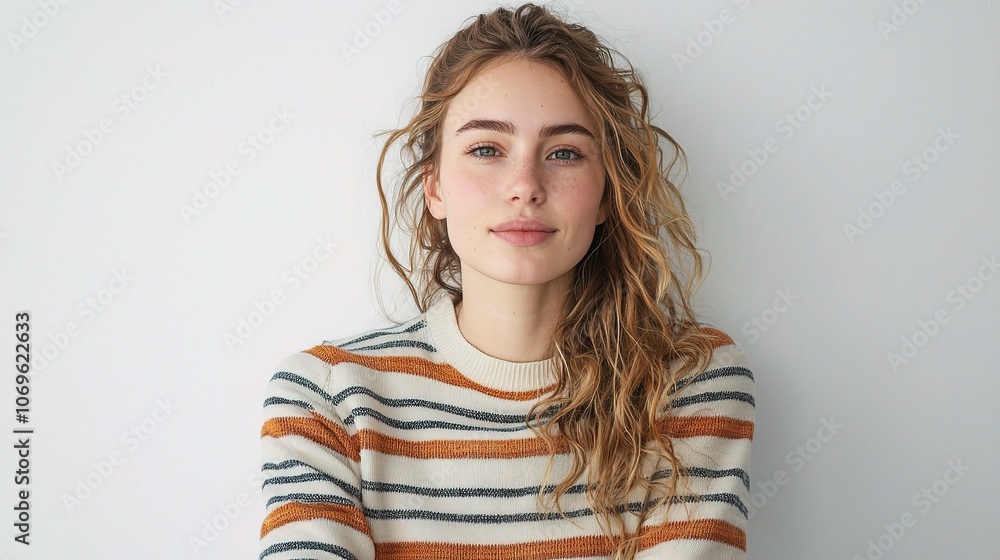 Young Woman with Wavy Hair in Casual Sweater Young Woman with Wavy Hair in Casual Sweater