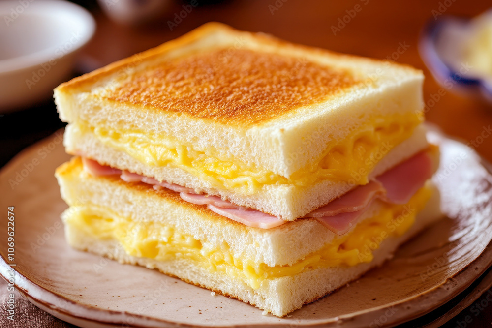 Crispy toasted sandwich with ham and melted cheese isolated background, Breakfast food, Closeup Crispy toasted sandwich with ham and melted cheese isolated background, Breakfast food, Closeup