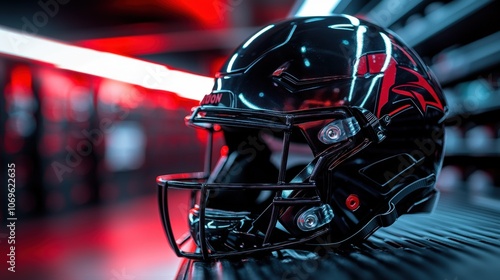 Black Football Helmet with Red Accents in a Dark Room photo