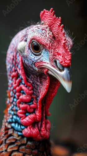 Close-Up Portrait of a Wild Turkey's Head with Vibrant Feathers