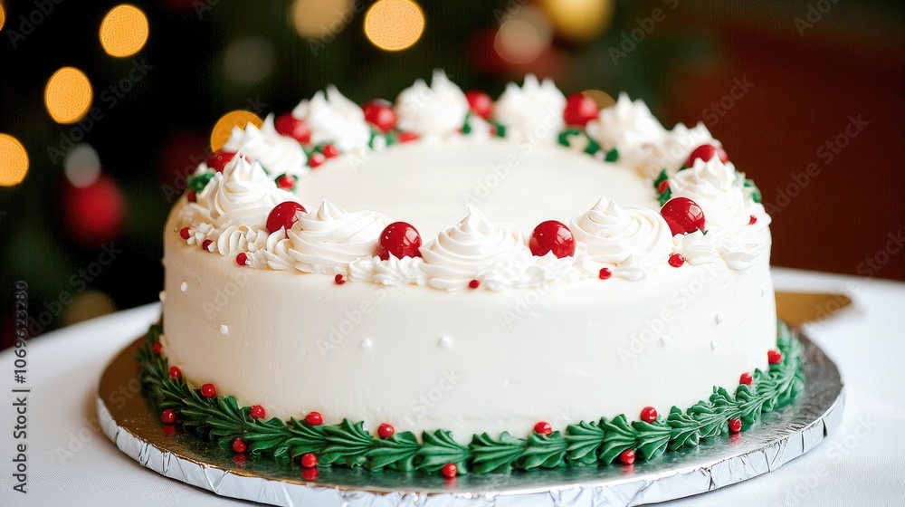 Festive Holiday Cake with Red Berries and Whipped Cream Festive Holiday Cake with Red Berries and Whipped Cream