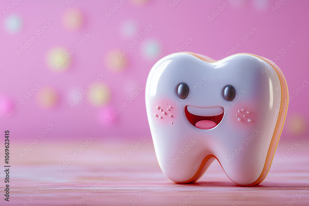 Smiling 3D tooth character with adorable dimples on pink background Smiling 3D tooth character with adorable dimples on pink background