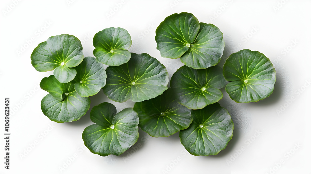 A collection of green leaves arranged in a semi-circular shape, isolated on a white background. A collection of green leaves arranged in a semi-circular shape, isolated on a white background.
