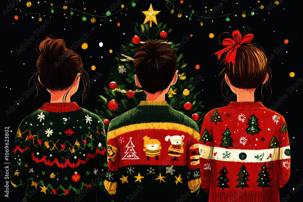 Obraz premium Illustration of office ugly sweater Christmas party of young man and woman on new year eve night with Christmas costume.