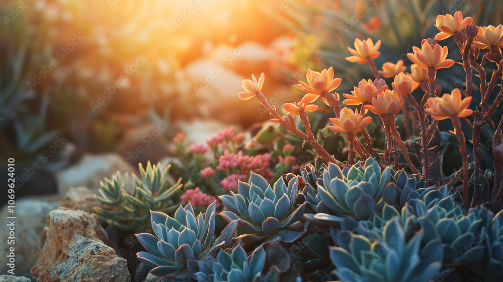 Fototapeta premium Sunlit desert garden cactus agave succulents, path warm sunset glow, botanical scene,photography nature decor,landscape art home,stone,plant,flower,floral,dry,afternoon,sofe,porch,backyard,deck,