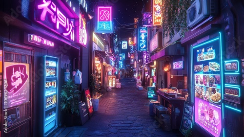 Fototapeta Naklejka Na Ścianę i Meble -  A vibrant, neon-lit alleyway in a bustling city. The street is lined with small shops and vendors, all adorned with colorful signs and lights.