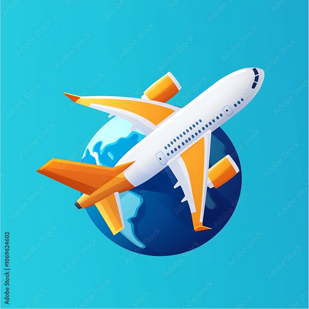 Fototapeta premium An orange and white airplane is flying over a blue globe
