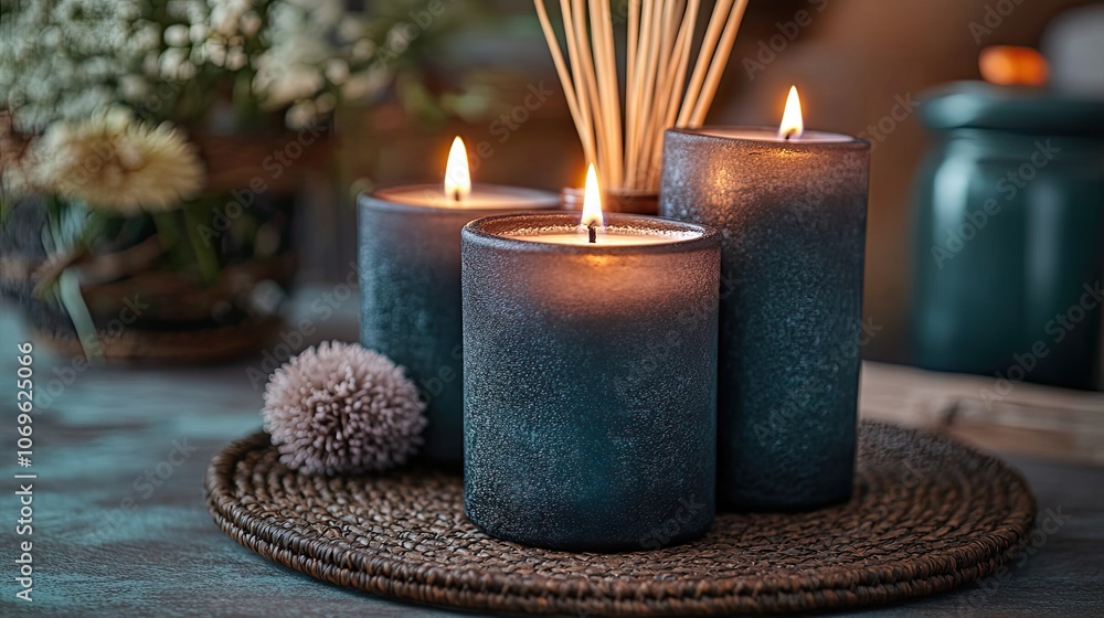 Burning candles and reed freshener set on a spa table, evoking a relaxing atmosphere with space for text. Burning candles and reed freshener set on a spa table, evoking a relaxing atmosphere with space for text.