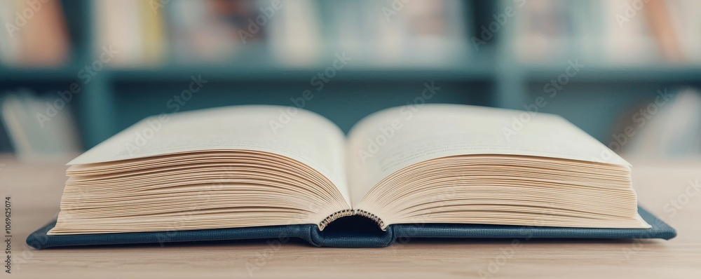 An open book displayed on a wooden table, revealing its detailed pages, against a blurred background of bookshelves.