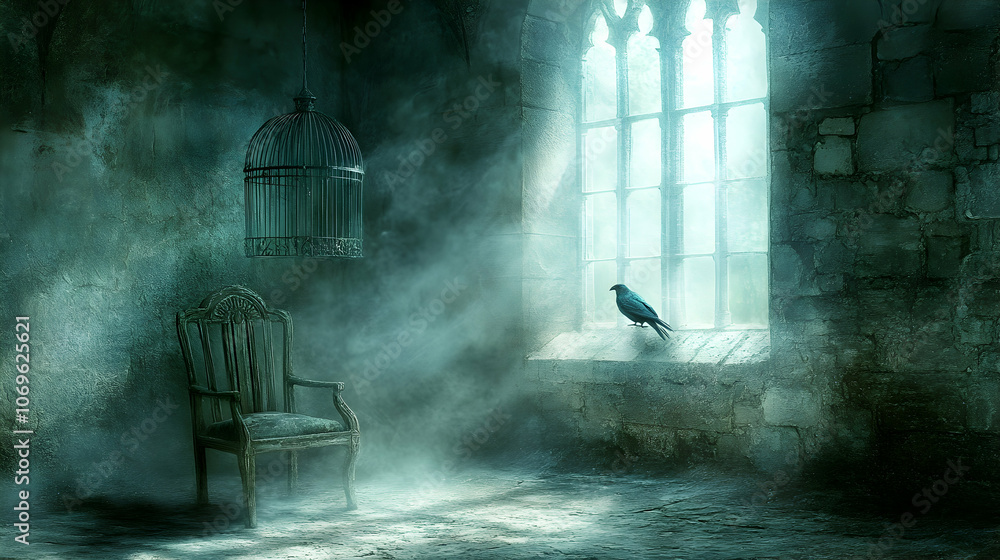Bird Watching in a Mystical Room, raven, crow, window, cage, chair Bird Watching in a Mystical Room, raven, crow, window, cage, chair