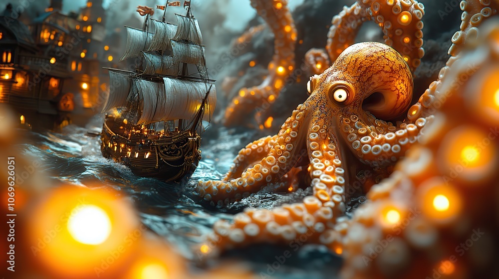 Cartoon battle between a pirate ship and giant octopus, creating an ...