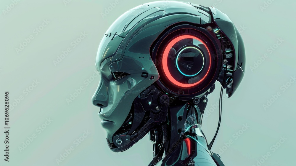 Fototapeta premium Futuristic robot head, AI generated image