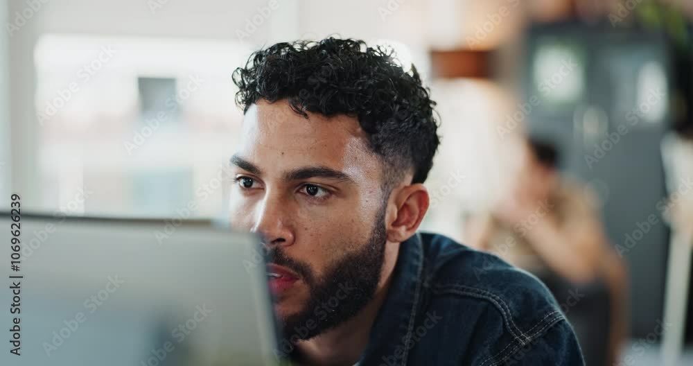 Computer, smile and web development with man software engineer in office for coding or programming. Desktop, reading and typing with employee nodding in workplace for design or online research