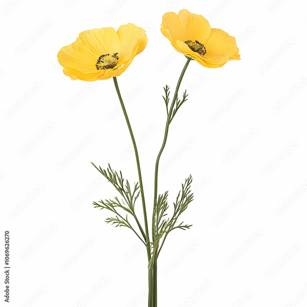 Two Yellow Poppy Flowers with Green Stems and Leaves, bloom, blossom, foliage, botany, flora Two Yellow Poppy Flowers with Green Stems and Leaves, bloom, blossom, foliage, botany, flora