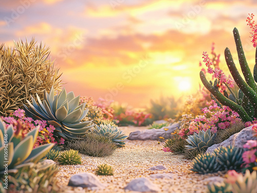 Sunlit desert garden cactus agave succulents, path warm sunset glow, botanical scene,photography nature decor,landscape art home,stone,plant,flower,floral,dry,afternoon,sofe,porch,backyard,deck,