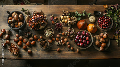 A beautiful display of assorted chestnut varieties on a wooden table. photo