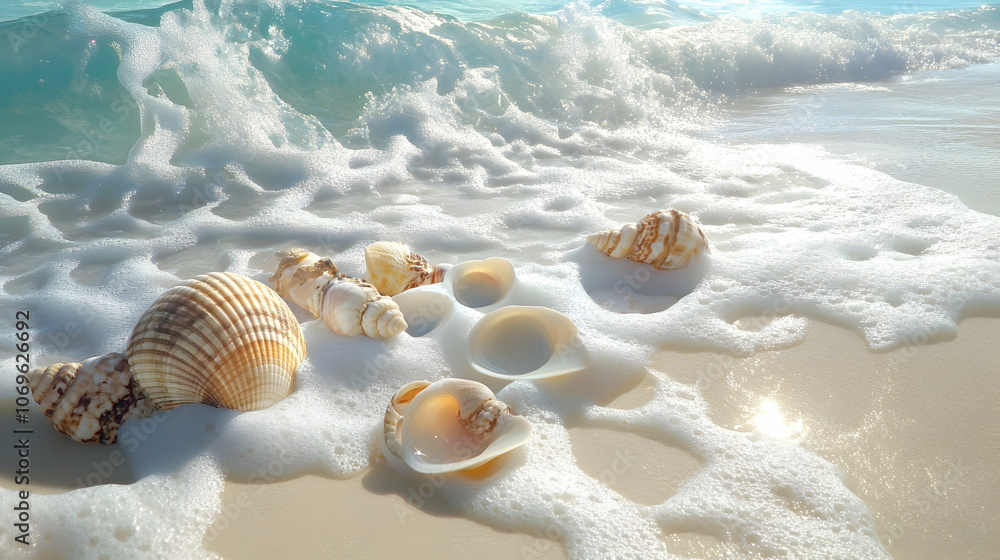 A collection of seashells lie on a beach, surrounded by foamy white ocean waves. A collection of seashells lie on a beach, surrounded by foamy white ocean waves.