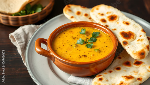 side view of mulligatawny in terracotta bowl with naan bread photo