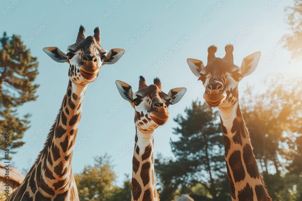 Fototapeta premium Giraffes Silhouetted Against an Orange Sunset Sky
