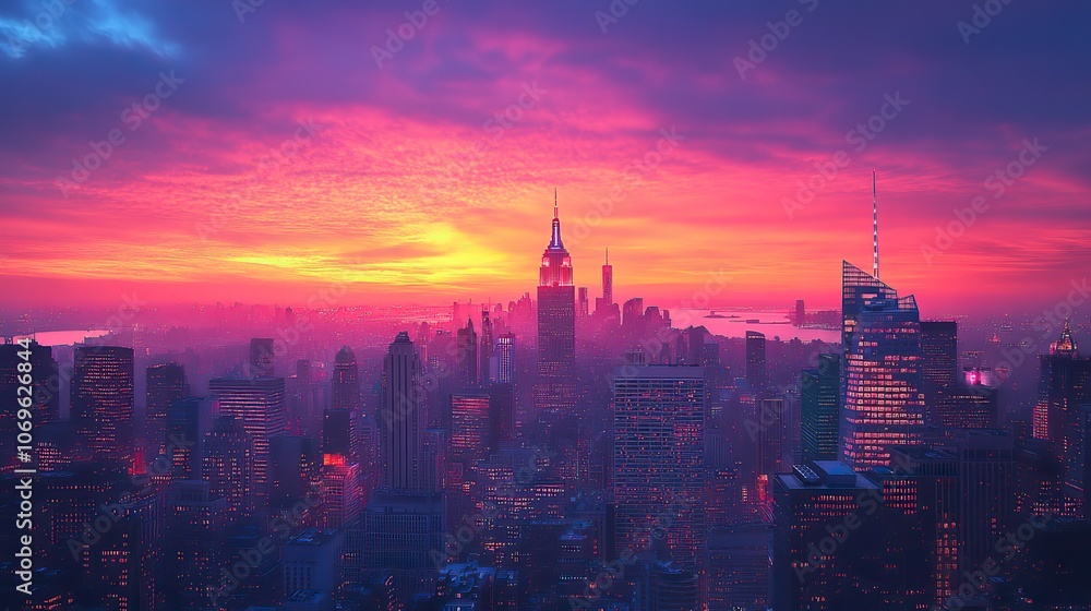 City skyline at sunrise, showing office buildings and skyscrapers. City skyline at sunrise, showing office buildings and skyscrapers.