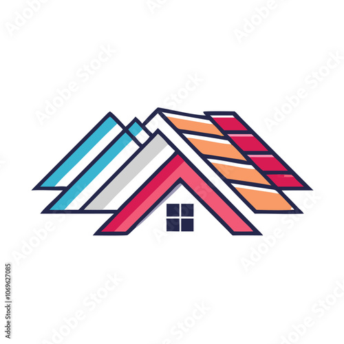 Colorful Roof Lines Abstract House Icon, Abstract illustration of a house with vibrant, layered roof lines, symbolizing modern real estate, roofing, and property design services.
