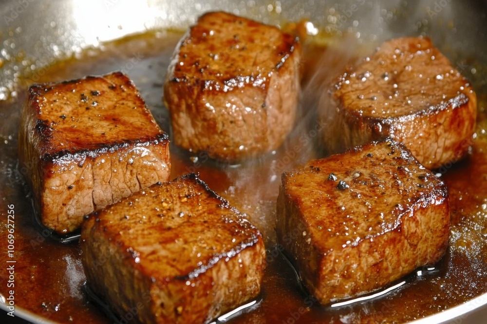 Sizzling Grilled Steak Cooking in Pan with Rising Steam Sizzling Grilled Steak Cooking in Pan with Rising Steam