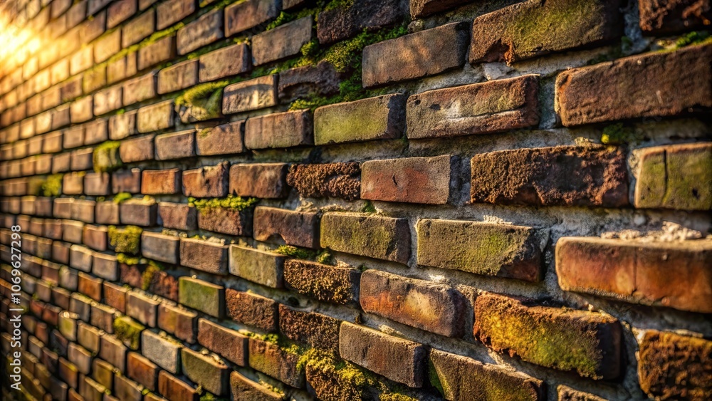 A weathered brick wall adorned with patches of vibrant green moss, illuminated by the warm glow of the setting sun. A weathered brick wall adorned with patches of vibrant green moss, illuminated by the warm glow of the setting sun.