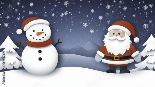 Snowman with carrot nose and Santa Claus in snowy landscape
