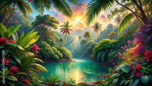 Golden Rays Illuminating a Verdant River Valley, with Lush Foliage, Palm Trees, and Vibrant Flowers